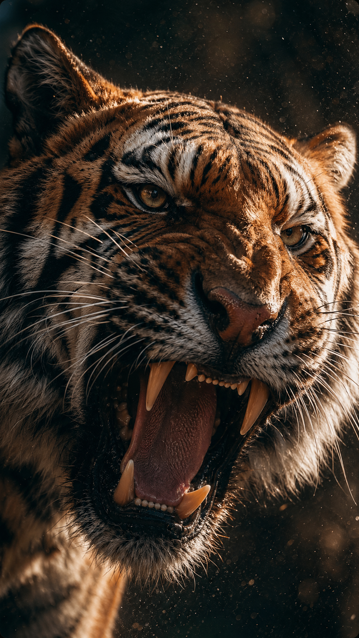Close - up of a tiger's head its eyes blazing with fierce determination. Dramat...